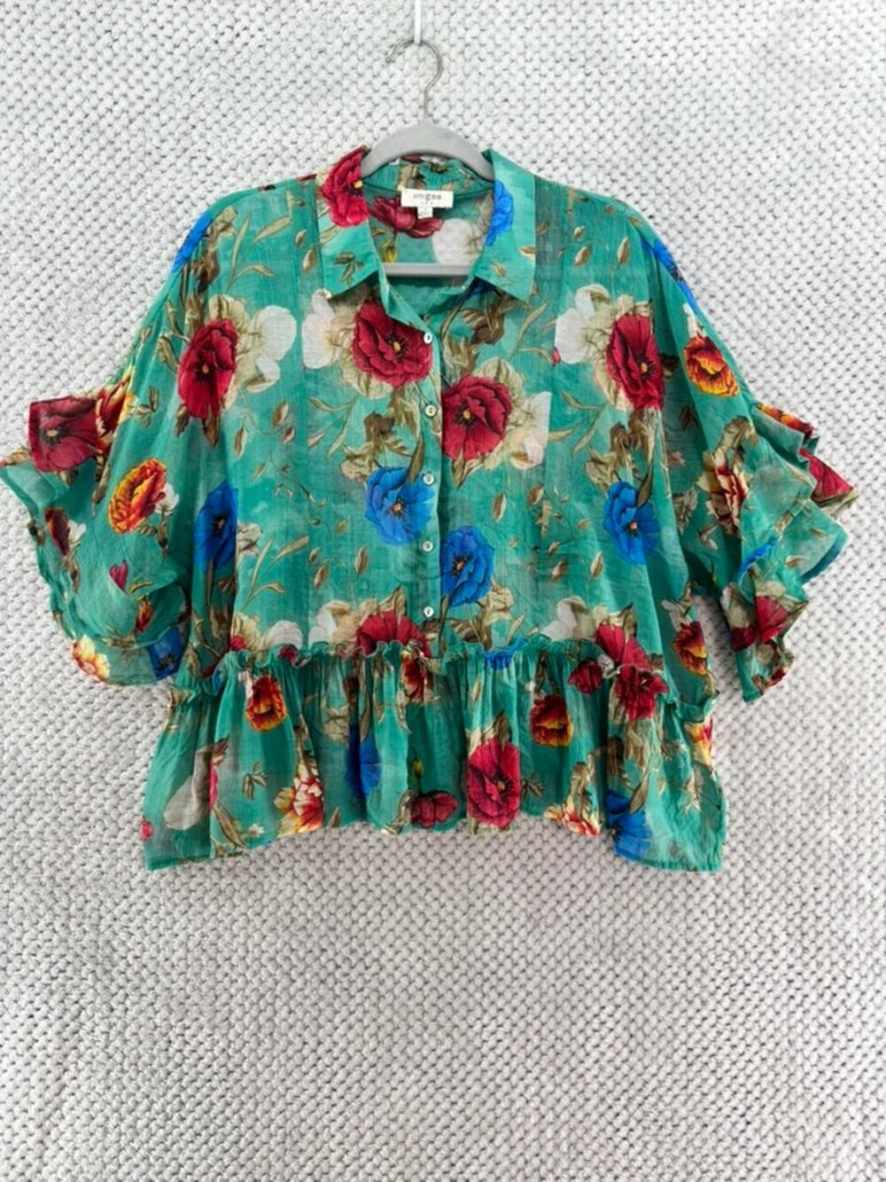 Umgee Top Womens S Green Floral Buttom Front Collared Boho Ruffled